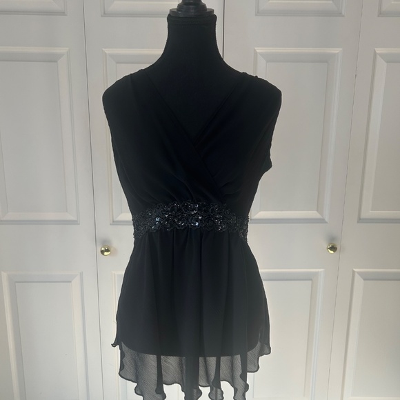 Cha Cha Vente Black Crepe Top with Sequin Band Around Waist Size M - Picture 2 of 5